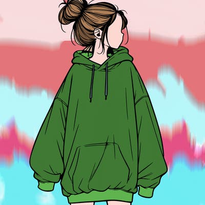 realistic girl with a oversized sweatshirt on and a bun