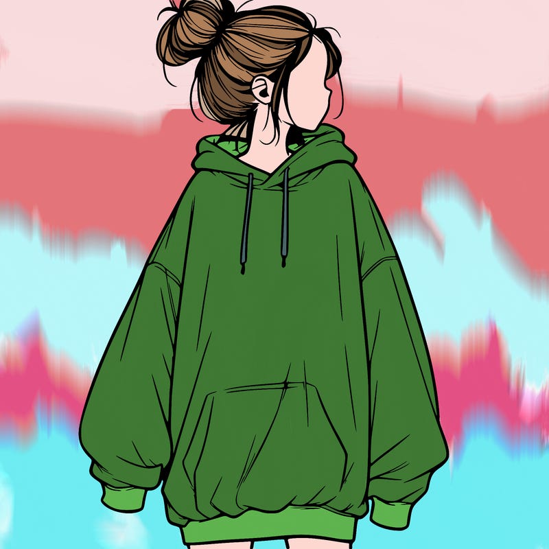 realistic girl with a oversized sweatshirt on and a bun