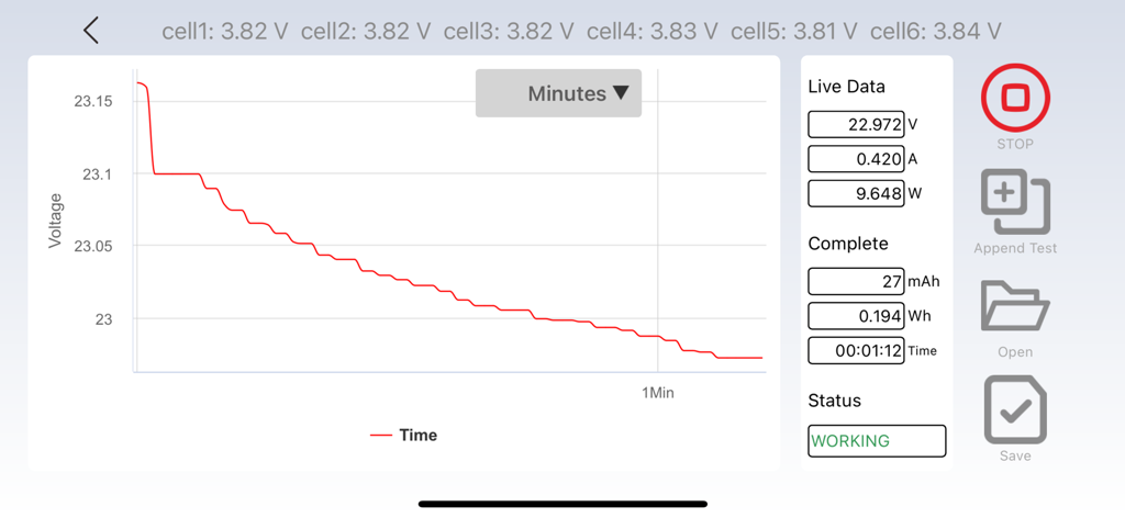 Real time battery voltage graph and 6 cell monitoring data in the SkyCharger app