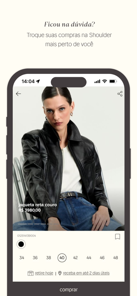 Shoulder - Shoulder fashion app product page showing a black leather jacket with size selection and store pickup options