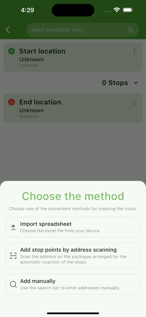 Courier Route Planner app interface showing options to import spreadsheets scan package labels or manually add delivery addresses