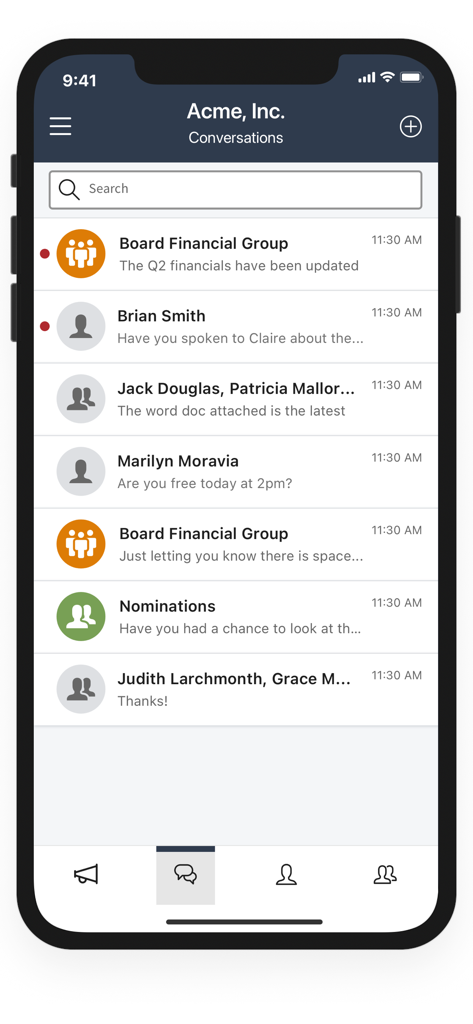 A secure messaging interface showing a list of board-level group and individual chat conversations