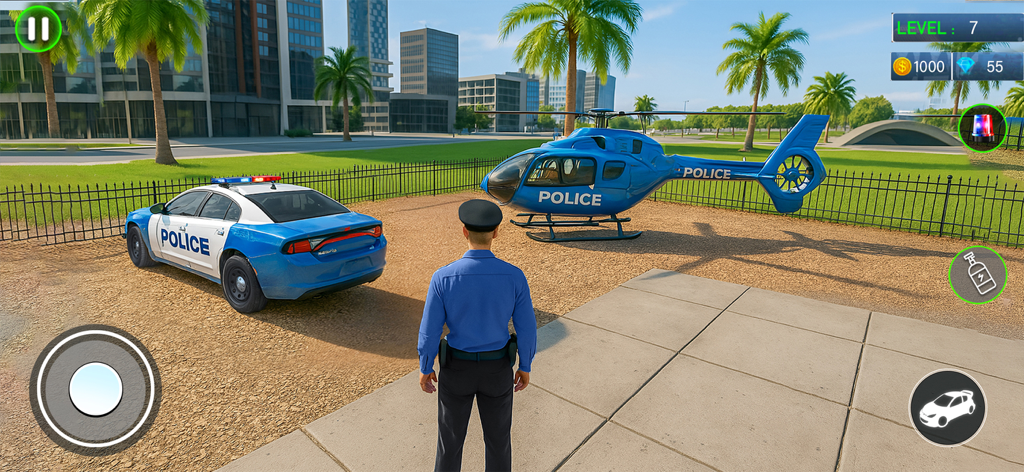 City Police War - Car Games 3D - Un personaje oficial de policía de pie junto a un coche patrulla y un helicóptero policial azul en un parque urbano.