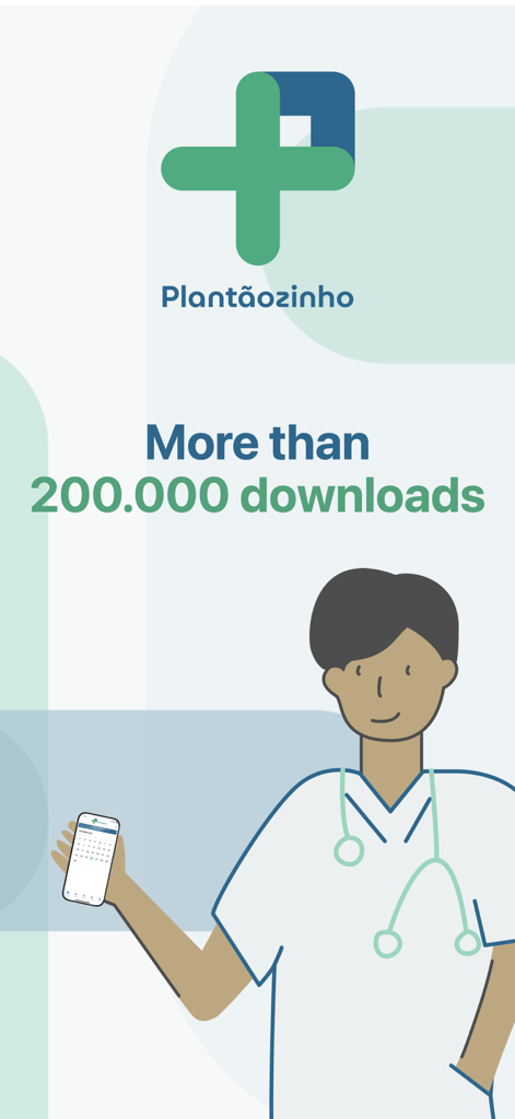 Profesional médico sosteniendo un teléfono que muestra la aplicación Little Shift con el hito de más de 200.000 descargas