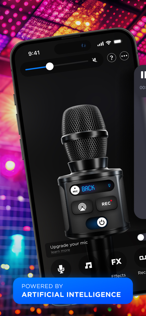My Microphone: Voice Amplifier - Main interface of My Microphone app showing a realistic microphone graphic and AI enhancement features