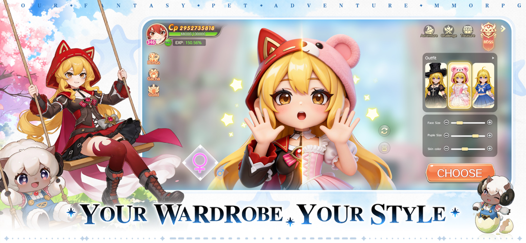 A character customization screen in Magicmon World showing wardrobe options and facial feature adjustments