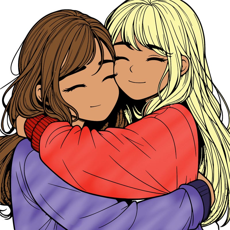 realistic two girls hugging