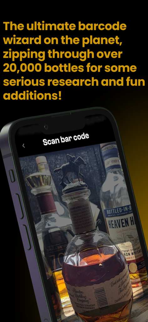 A smartphone scanning a whiskey bottle barcode using the Whiskey Shelf app