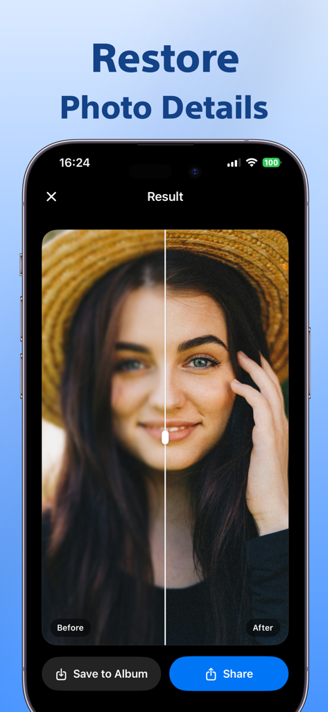 Unblur Photo - Enhance & Clear - Before and after comparison of a blurry portrait sharpened with AI