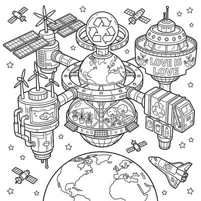 Blast off into an Earth Day celebration with this unique space station coloring page. Explore futuristic habitats designed for sustainability, featuring recycling, gardens, and symbols of global care as you color.