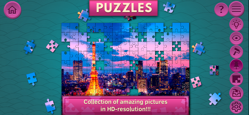 Ein teilweise fertiggestelltes digitales Jigsaw Puzzle einer Skyline bei Nacht mit einem beleuchteten Turm.