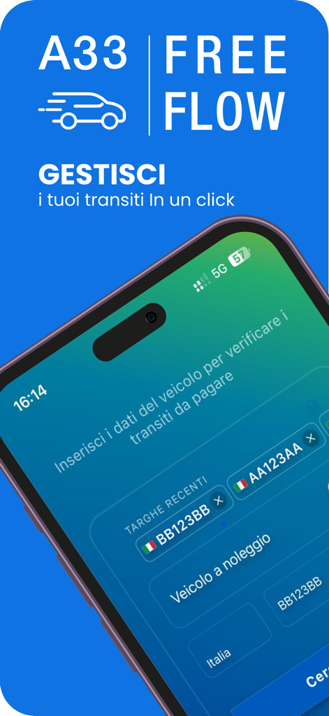 FreeFlow A33 - Smartphone display showing the FreeFlow A33 app for managing Italian motorway tolls and vehicle license plates.