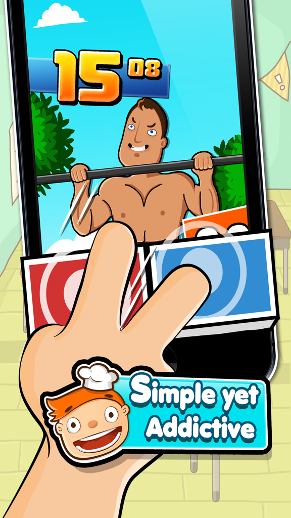 Hardest Game Ever 2 - A cartoon man doing pull ups on a smartphone screen with red and blue tapping buttons in Hardest Game Ever 2