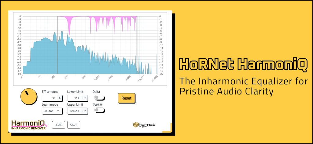HoRNet HarmoniQ app interface showing frequency spectrum analysis and inharmonic equalizer controls on a yellow background
