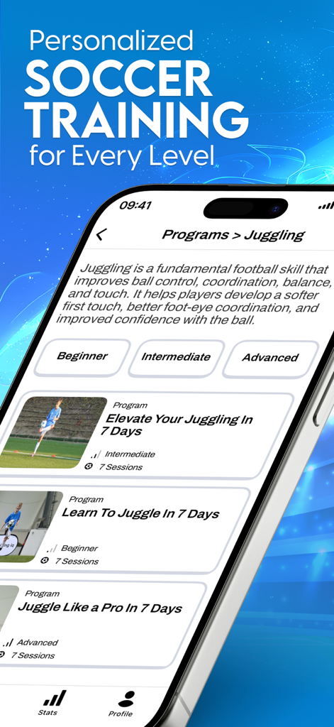 Soccer Training IQ - Soccer Training IQ app showing juggling training programs for beginner intermediate and advanced levels
