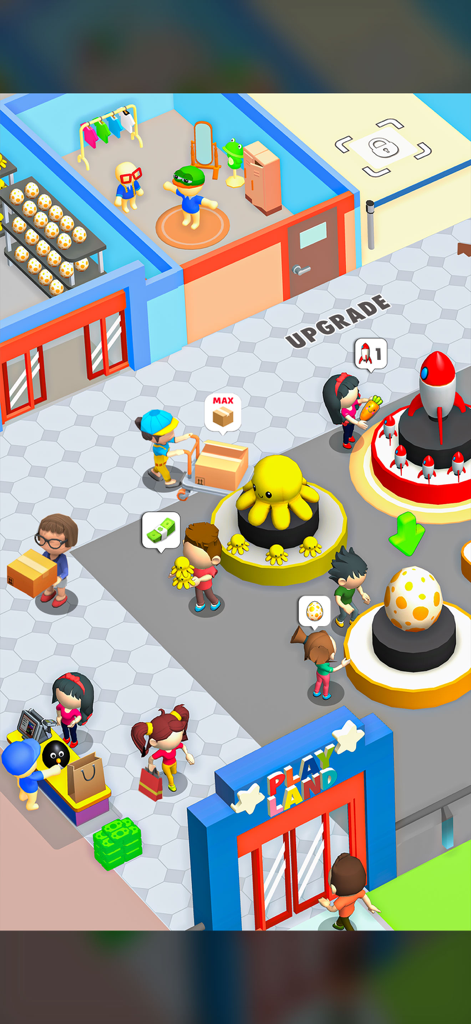 My Toy Store Empire - A vibrant 3D scene from a toy store management game showing customers shopping and staff stocking shelves.