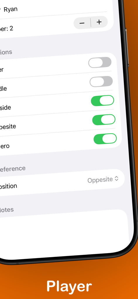 VolleyBoards - Interface of the VolleyBoards app showing player profile editing with position toggles and role selection