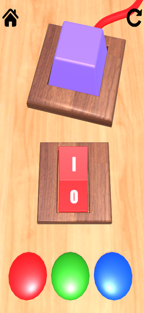 No Wifi Game: Offline Games 3D - A 3D logic puzzle mini game featuring a red switch and colored spheres on a wooden surface
