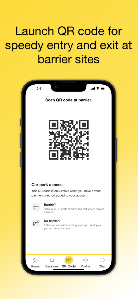 NCP - NCP app displaying a QR code for contactless entry and exit at car park barriers