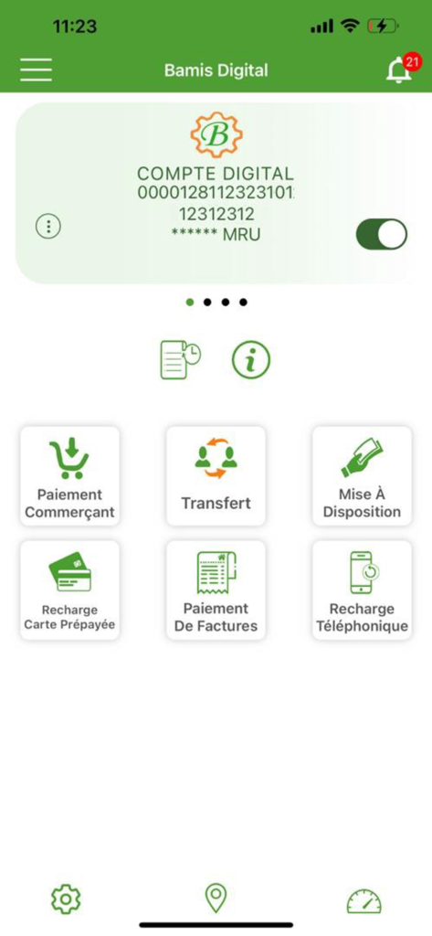 BAMIS DIGITAL - Bamis Digital app interface showing the main dashboard with digital account details and various financial services in French