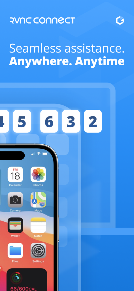 RealVNC Server - RealVNC Server App-Screenshot, der den Slogan für nahtlose Unterstützung und einen sicheren Sitzungscode anzeigt