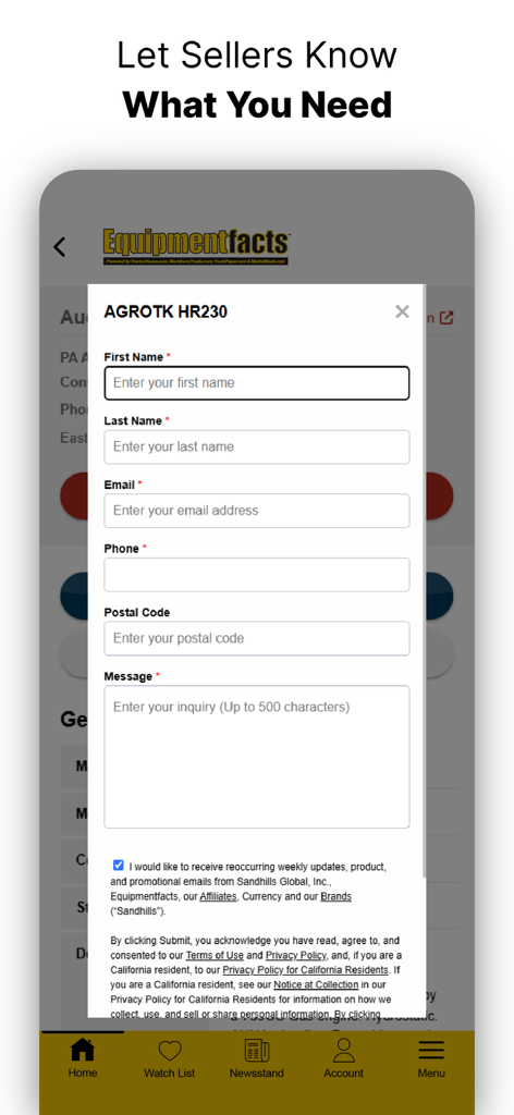 Equipmentfacts Live Auctions - Formulario de contacto de la aplicación Equipmentfacts para consultar sobre maquinaria pesada a los vendedores
