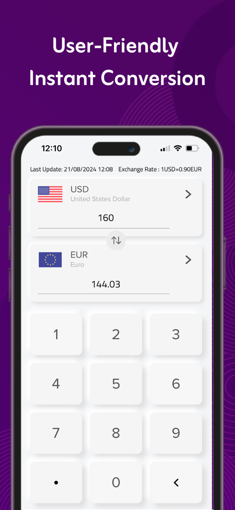 내장된 숫자 키패드를 사용하여 실시간으로 미국 달러를 유로로 환전하는 것을 보여주는 모바일 앱 인터페이스.