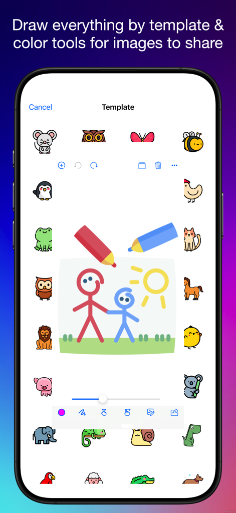 Drawing Desk app interface showing animal templates and a colorful stick figure drawing