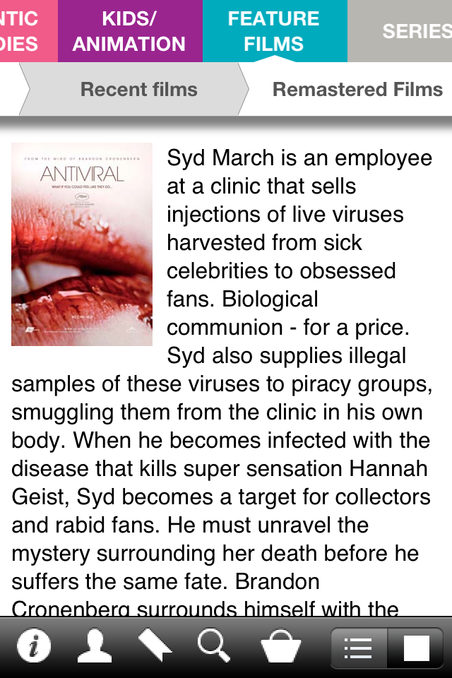 TF1 International - Una pantalla dentro de la aplicación TF1 International mostrando la sinopsis y el póster de la película Antiviral.