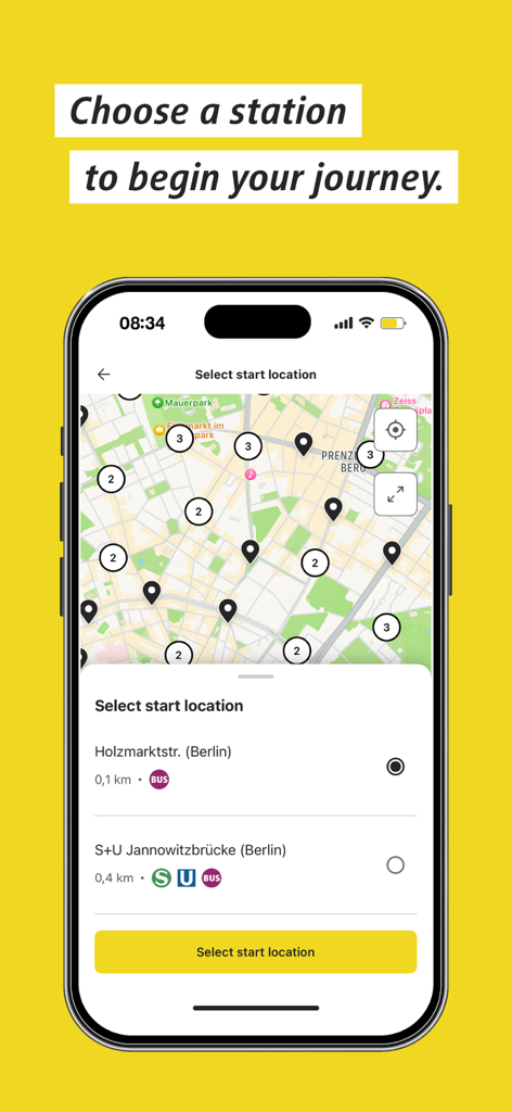 Interfaz de la aplicación BVG Tickets mostrando un mapa de Berlín con marcadores de estaciones y una lista de paradas de transporte público cercanas.