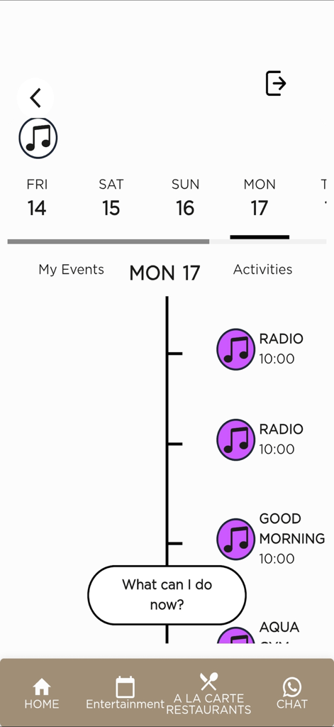 Elexus Hotel & Resort & Spa - Elexus Hotel app daily entertainment schedule showing an activity timeline and date selector
