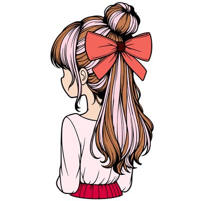realistic girl  with hip length hair a bun and a big bow on the back of head