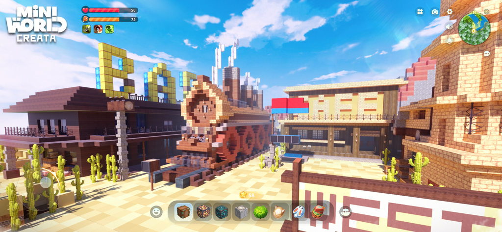 Um ambiente sandbox temático do Velho Oeste em Mini World CREATA, apresentando um trem a vapor construído sob medida e edifícios do deserto