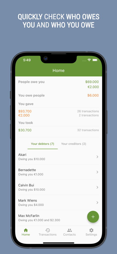 Sono: Debt tracker and manager - Interface of Sono app showing personal debt summaries and a list of contacts who owe money
