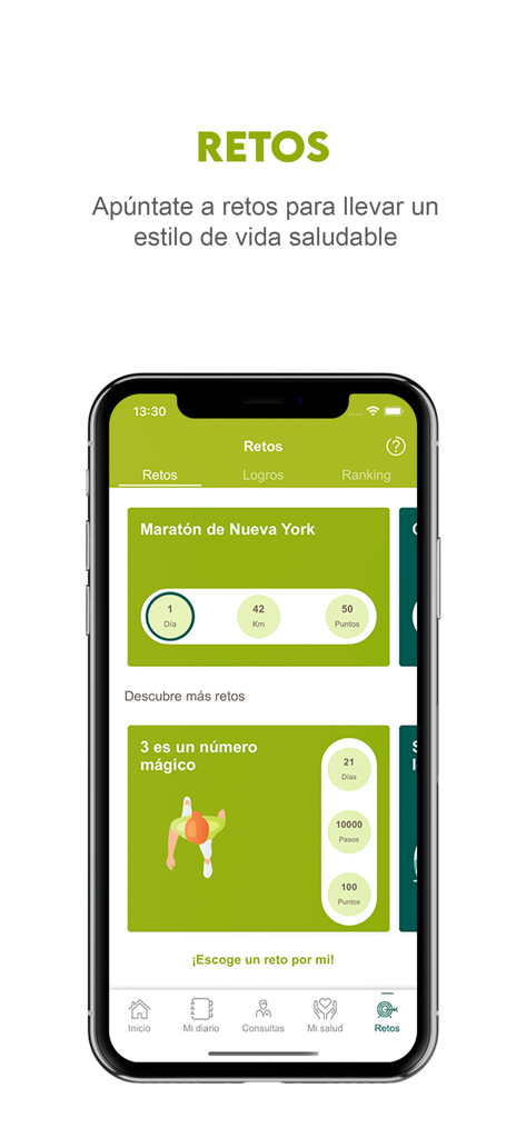 DKV Quiero cuidarme Mas app interface showing the health and fitness challenges section