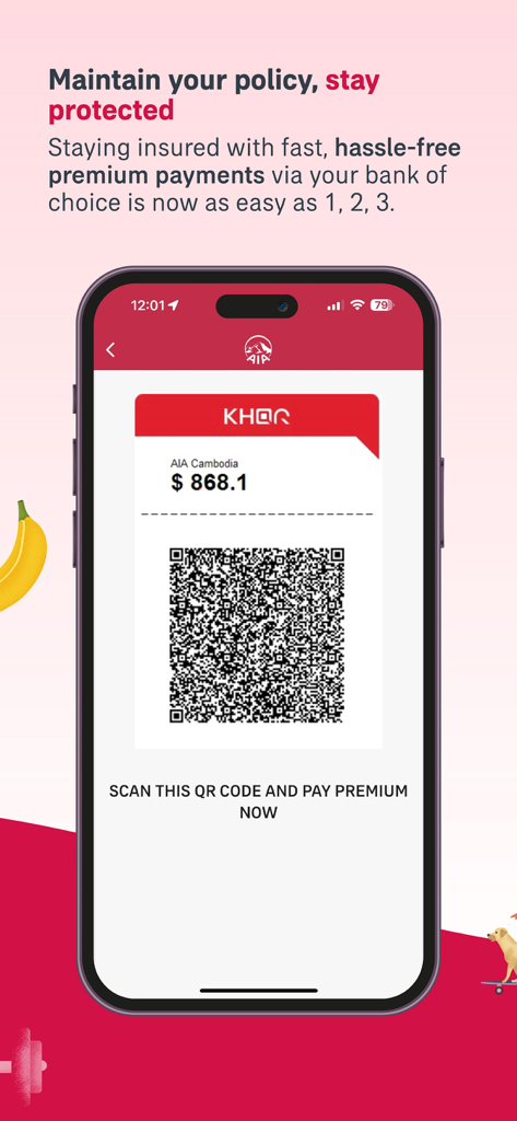 AIA+ Cambodia - AIA Plus Cambodia app screenshot showing a KHQR code for insurance premium payments