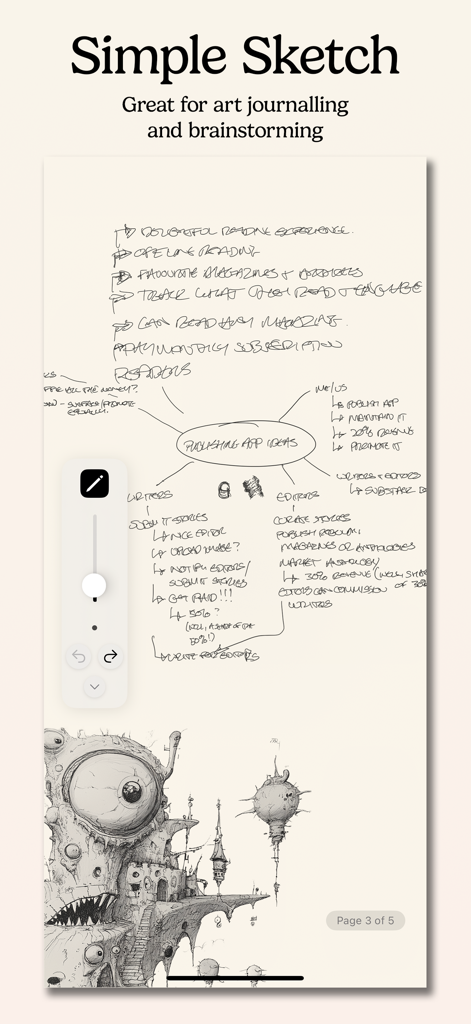 Simple Sketch - Simple Sketch app interface displaying a brainstorming mind map and a detailed creative illustration.