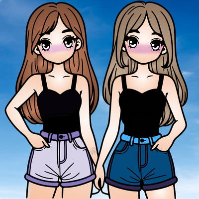 two sisters with crop tops and jean shorts and straight hair