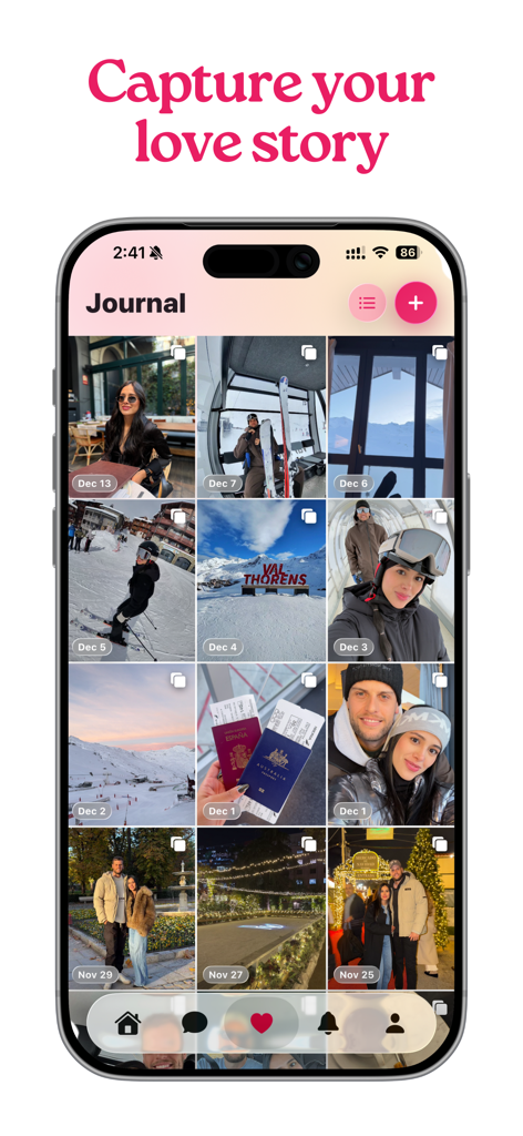 Amora: Couples & Relationship - Amora app digital journal showing a grid of shared couple memories
