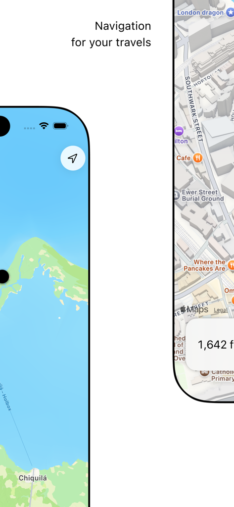 Oberfläche der Offline Maps und Routen App zeigt Navigationsfunktionen für Reisen