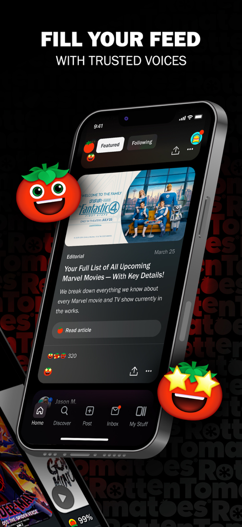 Feed social do aplicativo Rotten Tomatoes exibindo um artigo editorial sobre futuros filmes da Marvel.