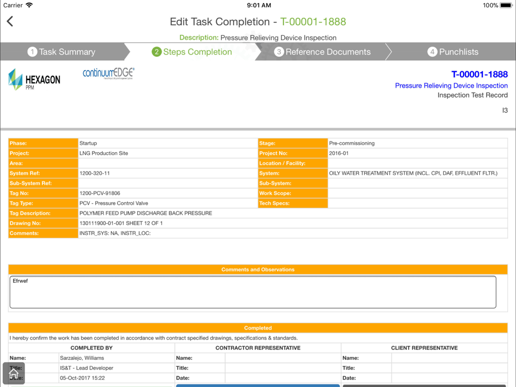 Digital task completion form in the Smart Completions Legacy app for industrial equipment inspection
