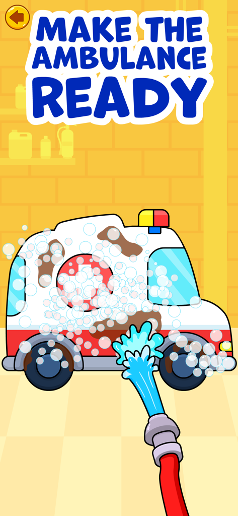 Doctor Games for Kids: Dentist - Ambulancia de dibujos animados siendo lavada con una manguera y burbujas de jabón en un juego de doctor para niños