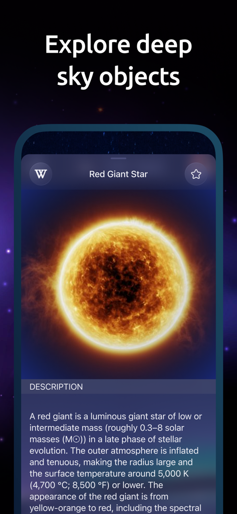 StarMaster: Night Sky & Astro - Eine mobile App-Oberfläche von StarMaster, die ein Bild und eine wissenschaftliche Beschreibung eines Roten Riesensterns anzeigt.