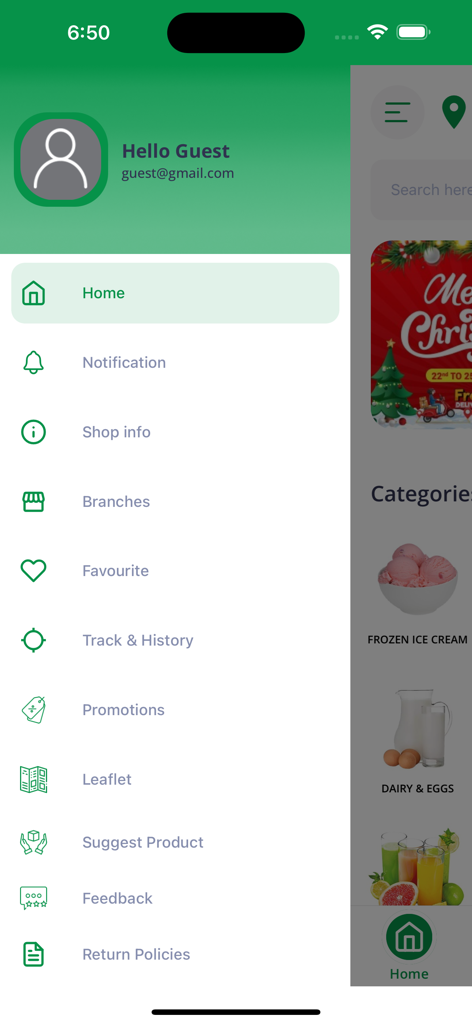 West Zone - Grocery Shopping - Sidebar navigation menu of the West Zone grocery shopping app showing account details and shopping categories.