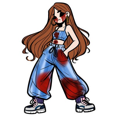 girl in baggy pants crop top and long hair