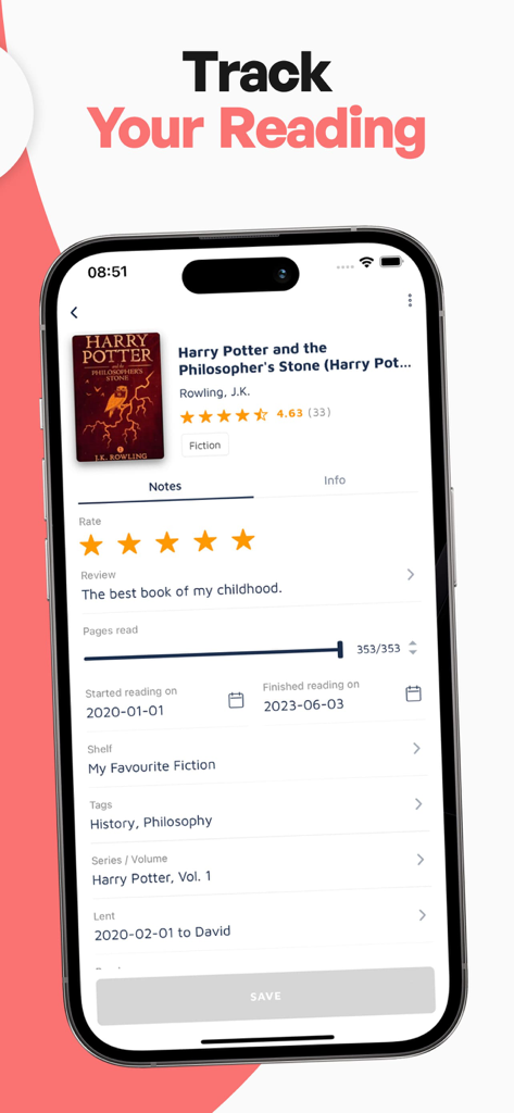 Bookshelf app interface for tracking reading progress