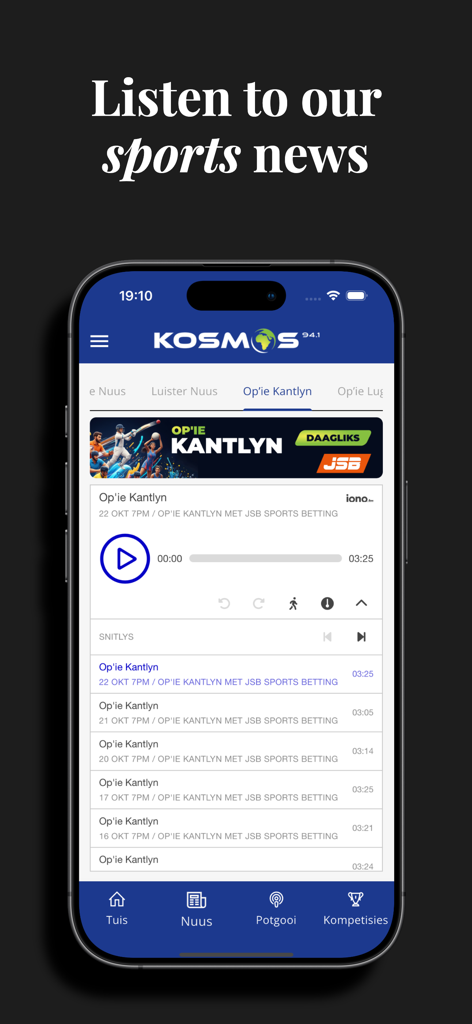 Kosmos 94.1 - Kosmos 94.1 mobile app interface displaying the sports news section and podcast player