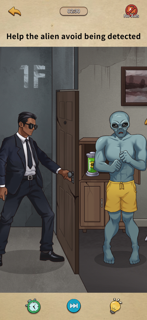 A puzzle game level where an alien in yellow shorts tries to avoid being detected by a man in a black suit.