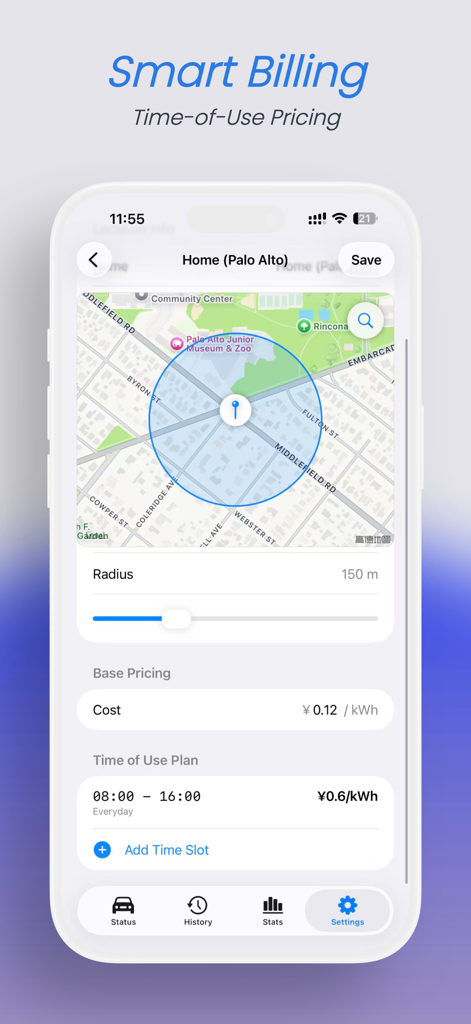 Schermata dell'app Mytess che mostra la configurazione della fatturazione intelligente e dei prezzi basati sull'ora di utilizzo per la ricarica Tesla.
